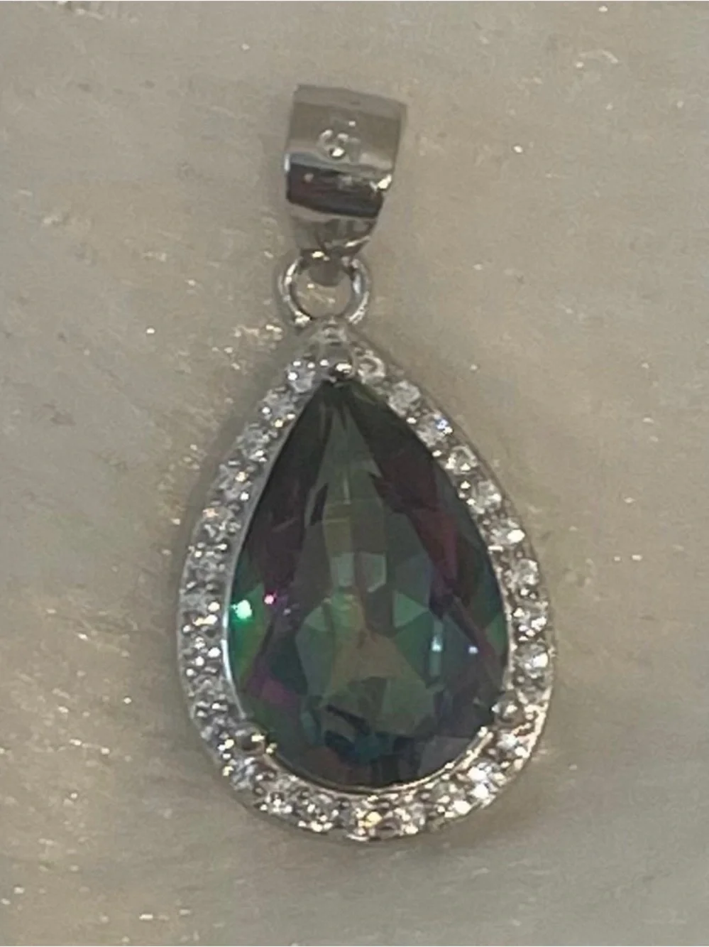 Mystic topaz tear drop pendant with Moissanite halo 925 sterling